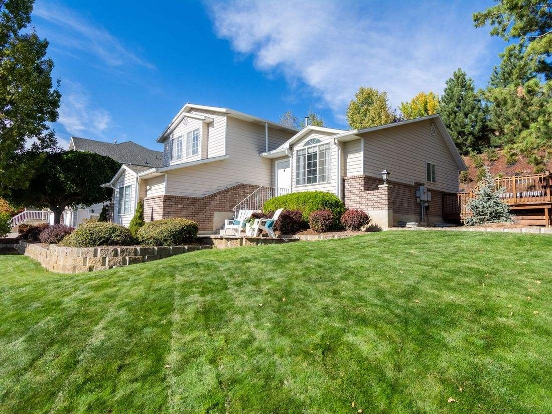 Freshly mowed striped lawn in front of a home